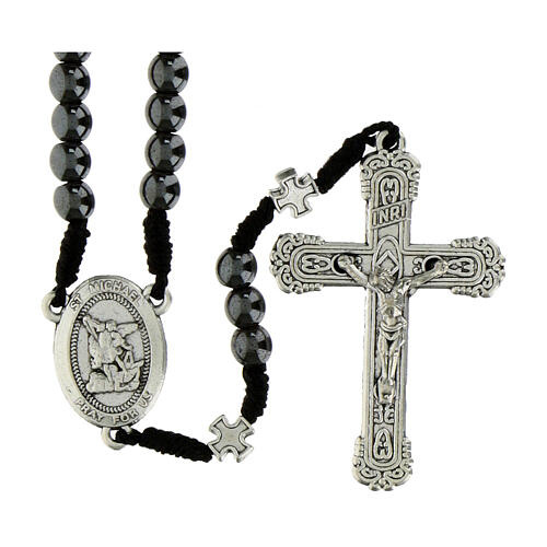 St. Michael Rosary with Cord, 6mm Hematite Beads, and Metal Pater 1