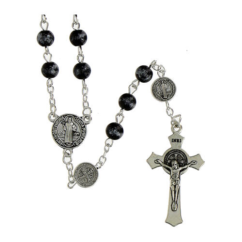St. Benedict rosary, 0.24-inch black marbled glass beads with silver accents 1