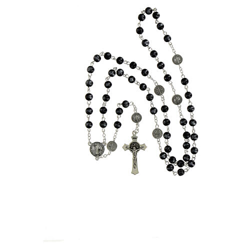 Rosario San Benito granos vidrio negro jaspeado plata 6mm 4