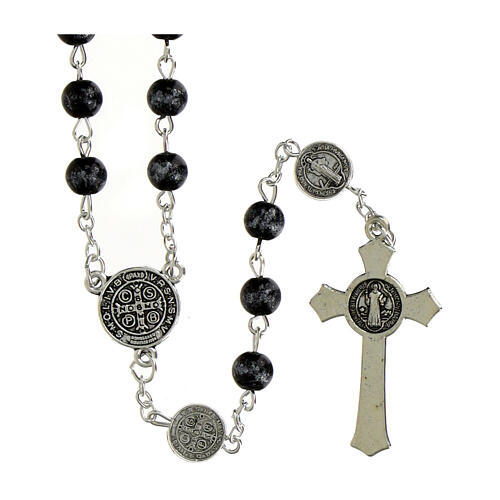 Rosario San Benedetto grani vetro nero screziato argento 6mm 2