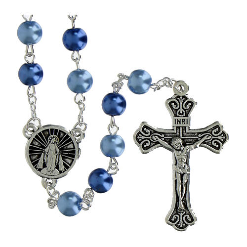 Rosary with 0.31-inch blue and light blue pearly beads and Miraculous Medal 1