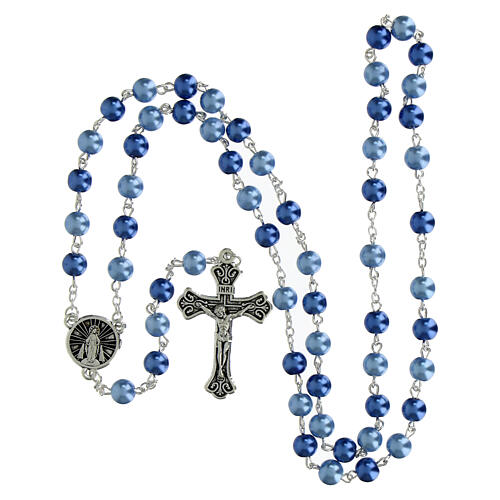 Chapelet Vierge Miraculeuse grains effet nacre en bleu clair et foncé 8 mm 4