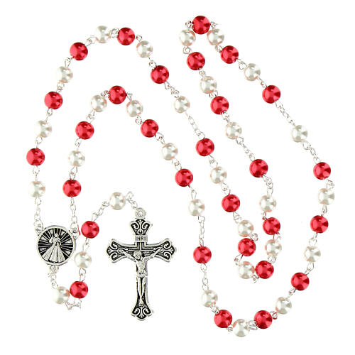 Rosario Jesús Misericordioso granos perlas sintéticas blancas y rojas 8mm 4