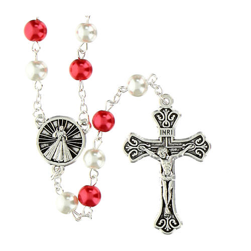Merciful Jesus Rosary with White and Red Imitation Pearl Beads 8mm 1