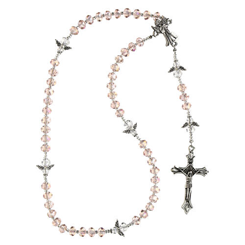 Guardian Angel Rosary, pink crystal beads with angel-shaped pater 6x4mm 4