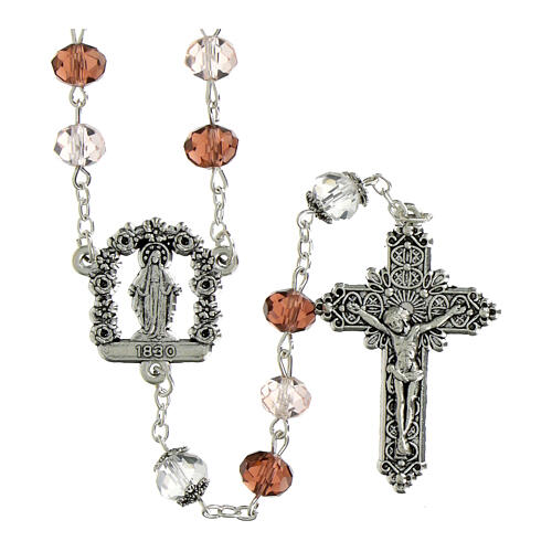 Rosario Madonna Miracolosa grani cristallo rosa bordeaux 6x8mm pater trasparenti 1