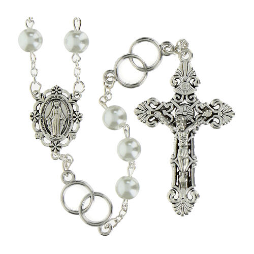 Marriage Rosary with White Imitation Pearl Beads 8mm Metal Pater 1
