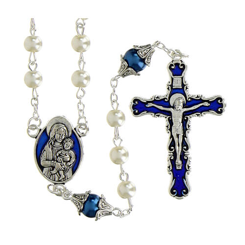 Virgin with Child rosary with white pearl-like beads of 0.24 in and blue Our Father beads 1