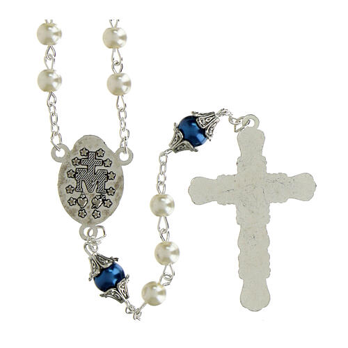 Virgin with Child rosary with white pearl-like beads of 0.24 in and blue Our Father beads 2