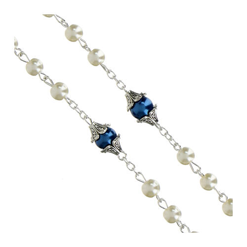 Virgin with Child rosary with white pearl-like beads of 0.24 in and blue Our Father beads 3
