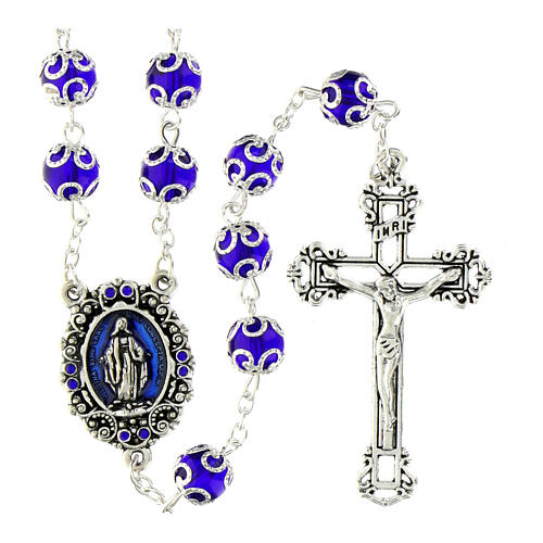 Rosario Madonna di Fatima grani vetro blu con doppia cappetta 8mm 1