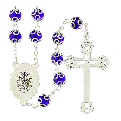 Rosario Madonna di Fatima grani vetro blu con doppia cappetta 8mm 2