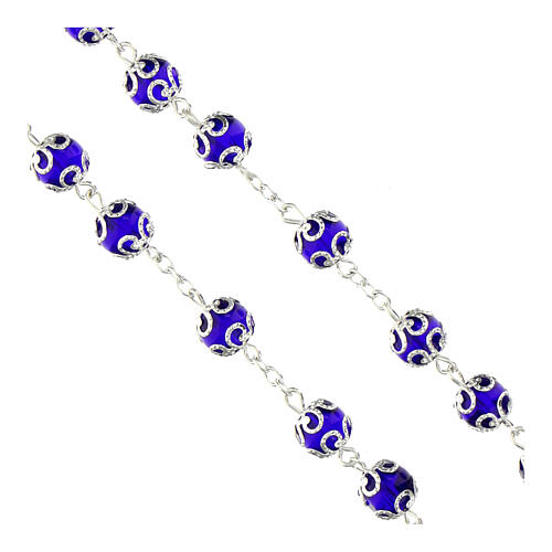 Rosario Madonna di Fatima grani vetro blu con doppia cappetta 8mm 3