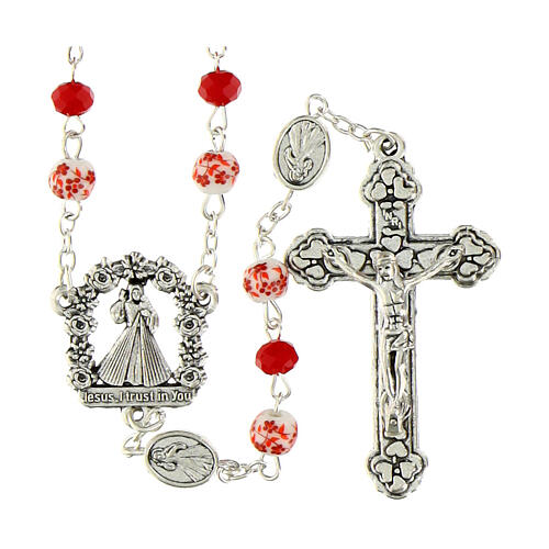 Rosary of Merciful Jesus, red crystals and decorated ceramic 1