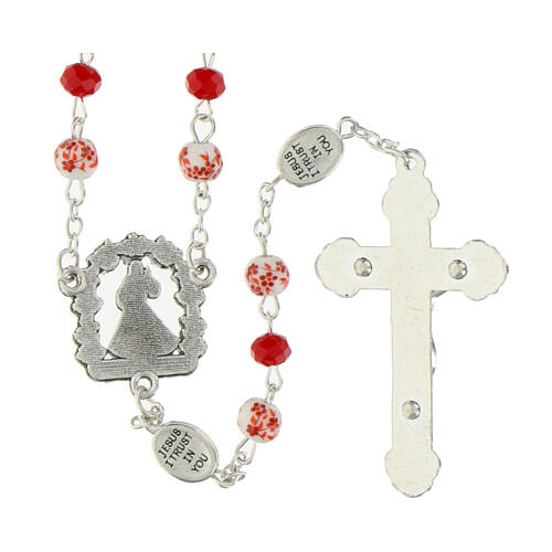 Rosary of Merciful Jesus, red crystals and decorated ceramic 2