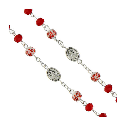 Terço Cristo Misericordioso cristal vermelho 6x4 mm Pai Nosso cerâmica decorada 6 mm 3