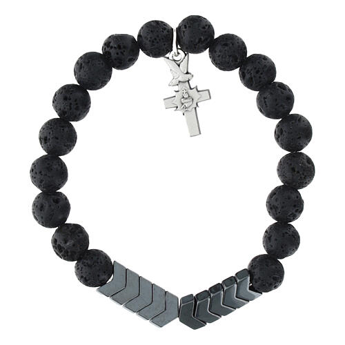 Armband, elastisch, dunkelgraue Hämatit- und Lavastein-Perlen 5 mm, Kreuz mit Heiligem Herzen Jesu 1