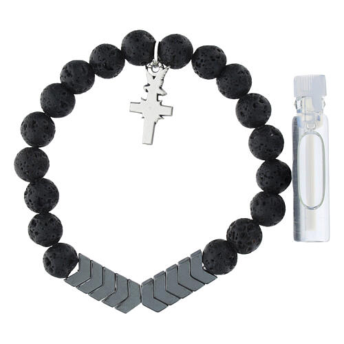 Armband, elastisch, dunkelgraue Hämatit- und Lavastein-Perlen 5 mm, Kreuz mit Heiligem Herzen Jesu 2