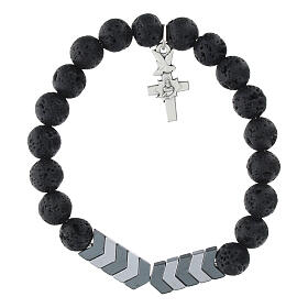 Armband, elastisch, Hämatit- und Lavastein-Perlen 5 mm, Kreuz mit Heiligem Herzen Jesu