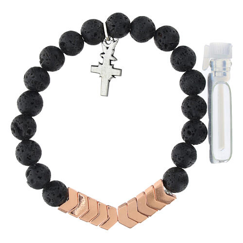 Armband, elastisch, bronzefarbene Hämatit- und Lavastein-Perlen 5 mm, Kreuz mit Heiligem Herzen Jesu 2