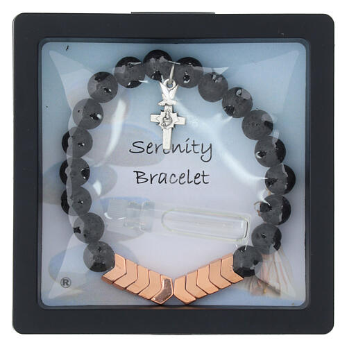 Armband, elastisch, bronzefarbene Hämatit- und Lavastein-Perlen 5 mm, Kreuz mit Heiligem Herzen Jesu 3