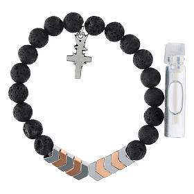 Armband, elastisch, Hämatit- und Lavastein-Perlen 5 mm, silber- und bronzefarben, Kreuz mit Heiligem Herzen Jesu