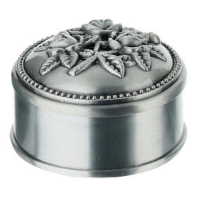 Round metal rosary case with three roses