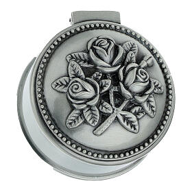 Round metal rosary case with three roses