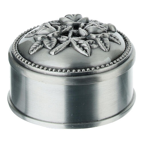 Round metal rosary case with three roses 1