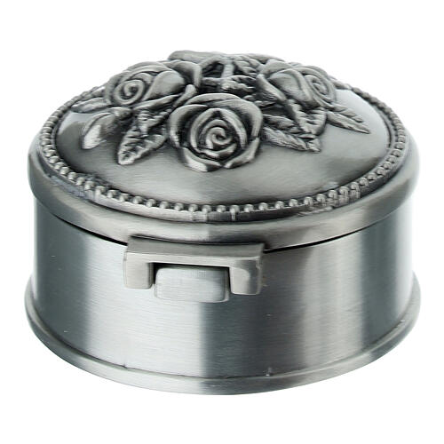 Round metal rosary case with three roses 5