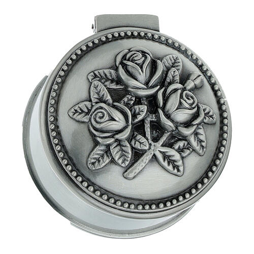 Round metal rosary box with three roses 2