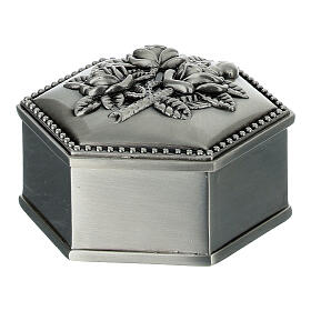 Rosenkranzetui aus Metall mit Rosenrelief, sechseckig, 6 × 6 × 2,5 cm