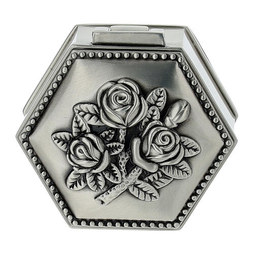 Rosenkranzetui aus Metall mit Rosenrelief, sechseckig, 6 × 6 × 2,5 cm 2