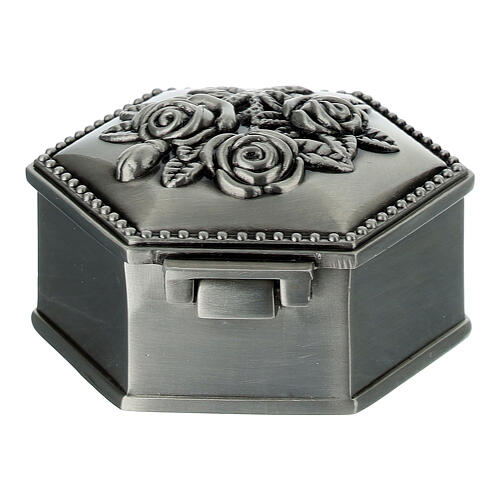 Rosenkranzetui aus Metall mit Rosenrelief, sechseckig, 6 × 6 × 2,5 cm 5