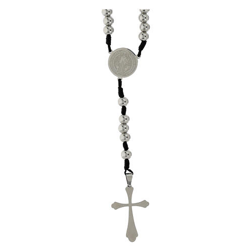 St Benedict Rosary Black Cord and Stainless Steel Beads, 3 mm 1