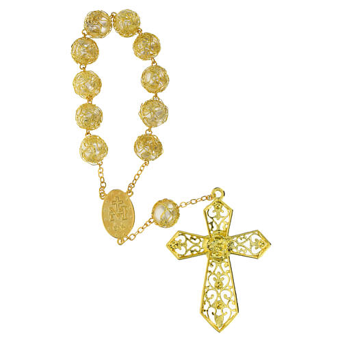 Golden single decade rosary bracelet with synthetic pearls of 0.6 in 4