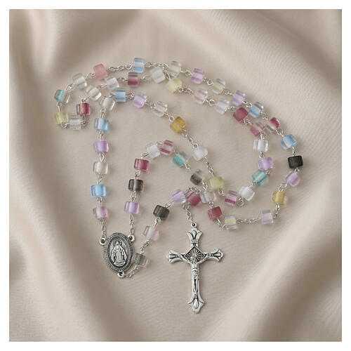 Chapelet Vierge Miraculeuse grains en verre multicolores effet œil de chat 8x6 mm 2