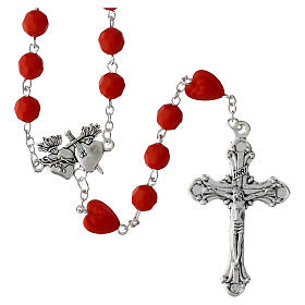 Rosario con granos corazones rojos 8 mm Sagrado Corazón acabado color plata