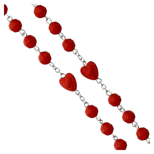 Chapelet grains rouges 8 mm et cœurs 11 mm Sacré-Cœur finition argentée 5