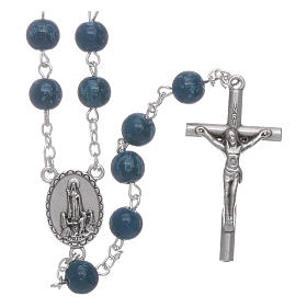 Our Lady of Fatima blue glass rosary beads with box