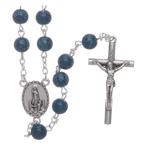 Our Lady of Fatima blue glass rosary beads with box 1