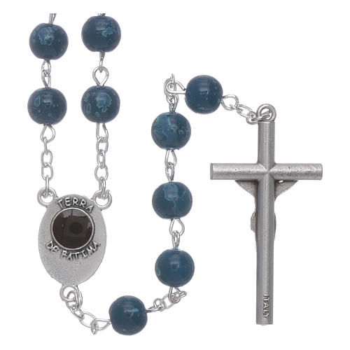 Our Lady of Fatima blue glass rosary beads with box 2