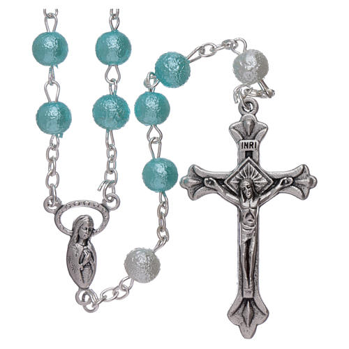 Rosary with glass, satinized metal and pearl imitation 6 mm light blue 1