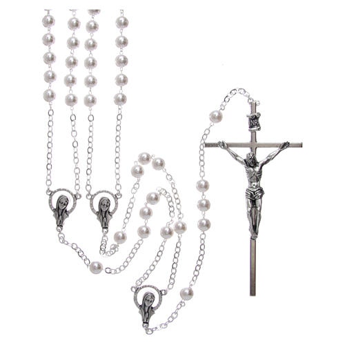 Wedding rosary with plastic and glass pearls with cross and center piece in silver metal 1