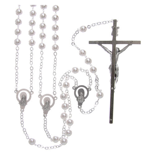 Wedding rosary with plastic and glass pearls with cross and center piece in silver metal 2