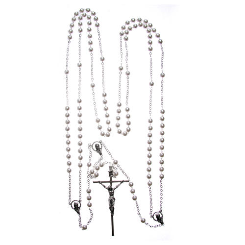 Wedding rosary with plastic and glass pearls with cross and center piece in silver metal 4
