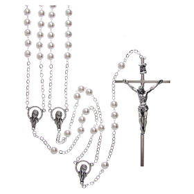 Wedding rosary with plastic and glass pearls with cross and center piece in silver metal