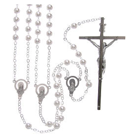Wedding rosary with plastic and glass pearls with cross and center piece in silver metal