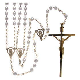 Rosenkranz aus vergoldetem Metall mit Kreuz und Perlen aus Glas und Plastik
