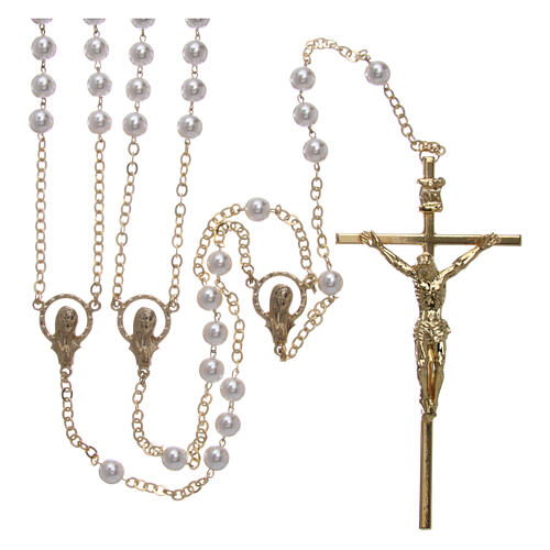 Rosenkranz aus vergoldetem Metall mit Kreuz und Perlen aus Glas und Plastik 1